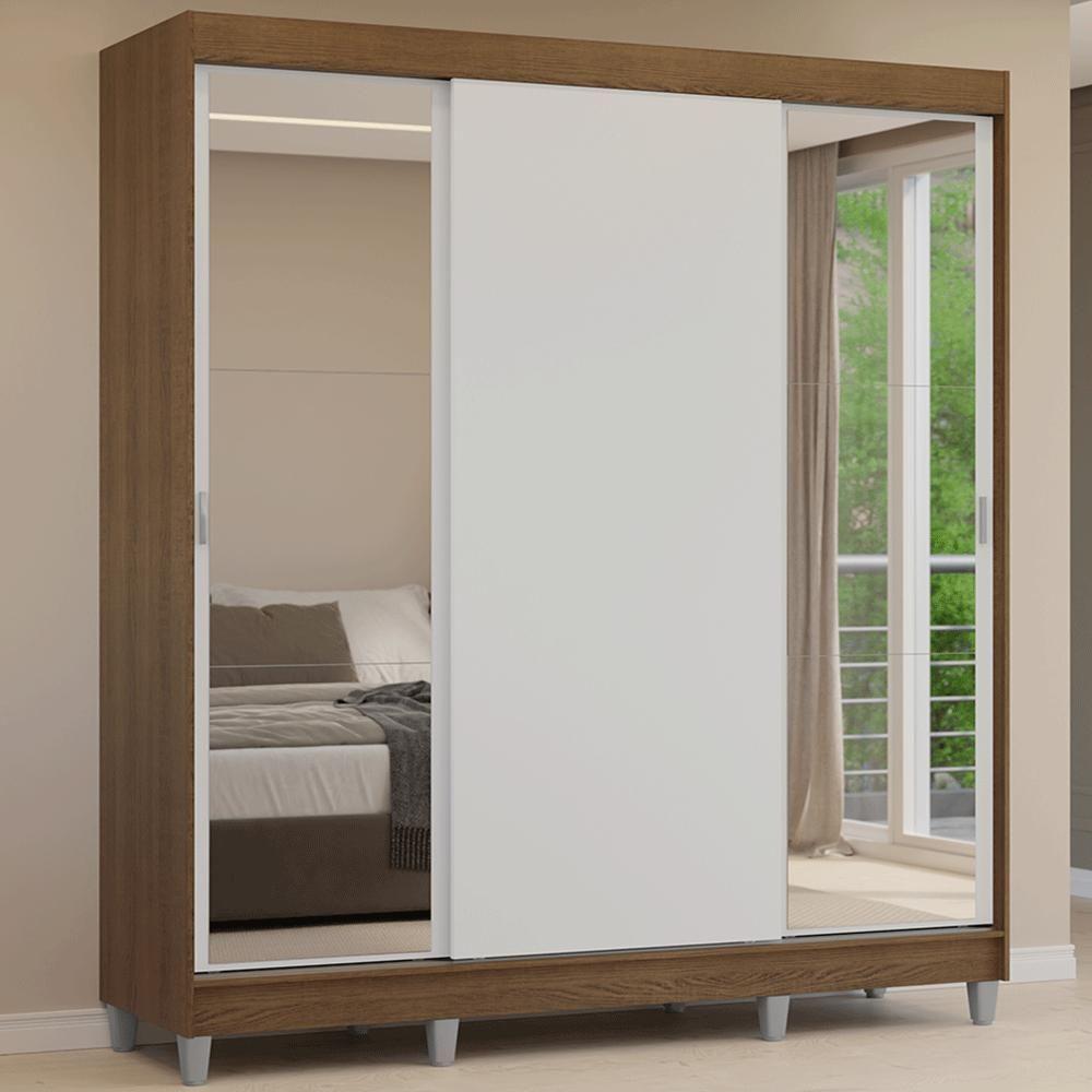 Guarda-roupa Casal Com Pés 3 Portas De Correr Com Espelhos Rustic Branco Reno Madesa - 1