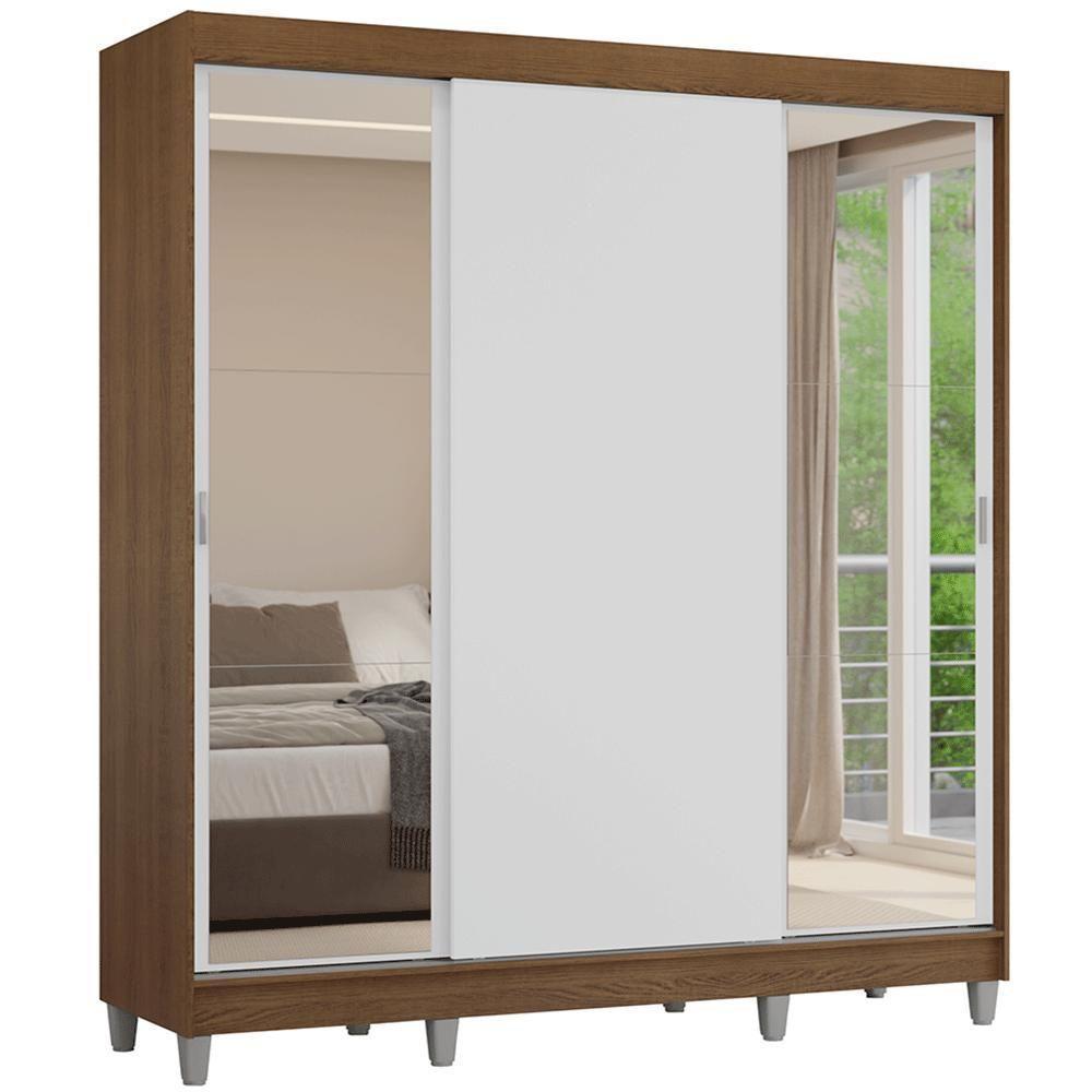 Guarda-roupa Casal Com Pés 3 Portas De Correr Com Espelhos Rustic Branco Reno Madesa - 2