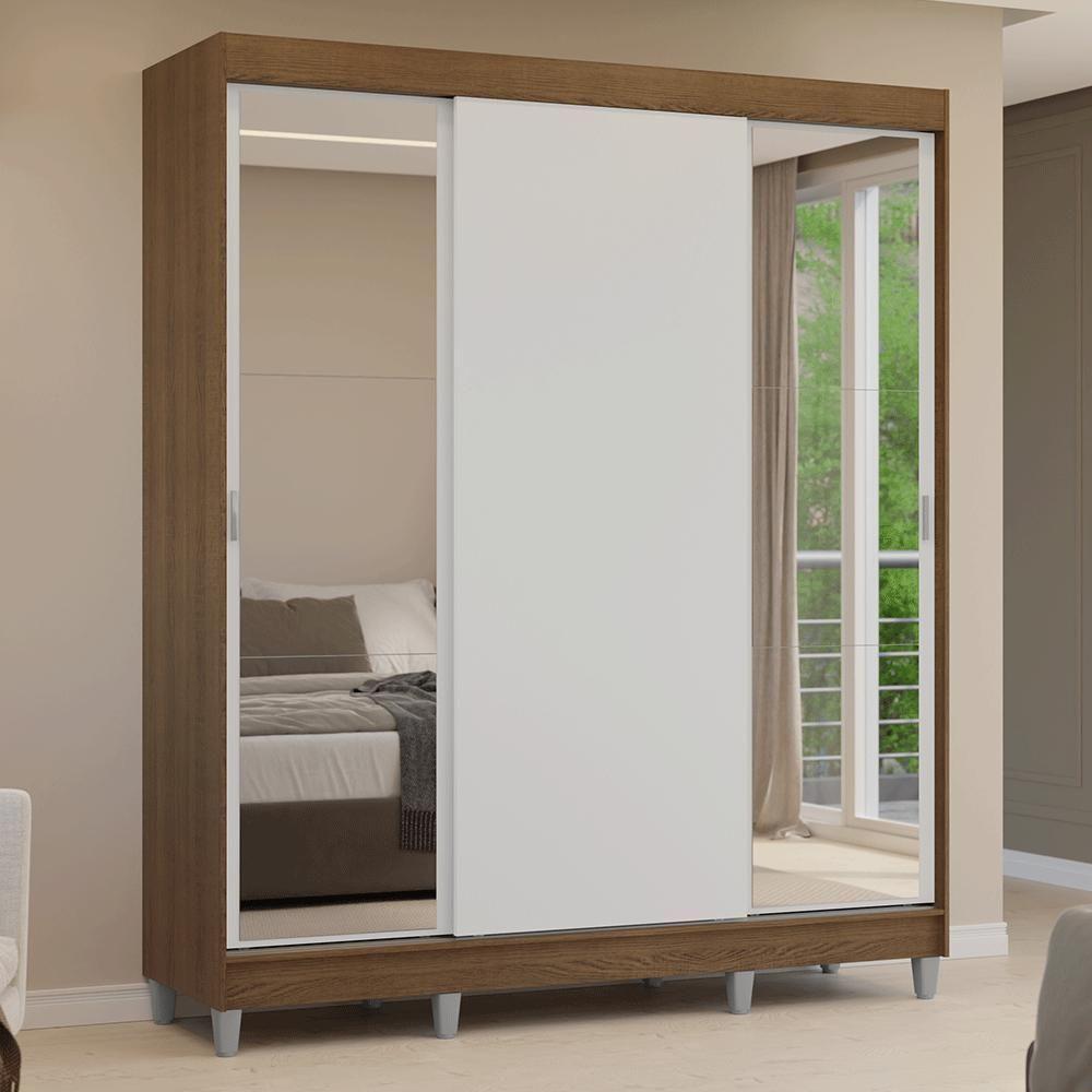 Guarda-roupa Casal Com Pés 3 Portas De Correr Com Espelhos Rustic Branco Reno Madesa - 10