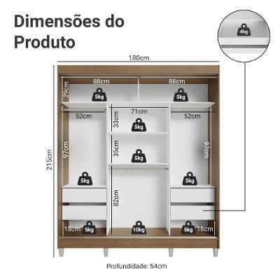 Guarda Roupa Casal Reno 3 Portas de Correr 4 Gavetas Rustic-Branco Madesa