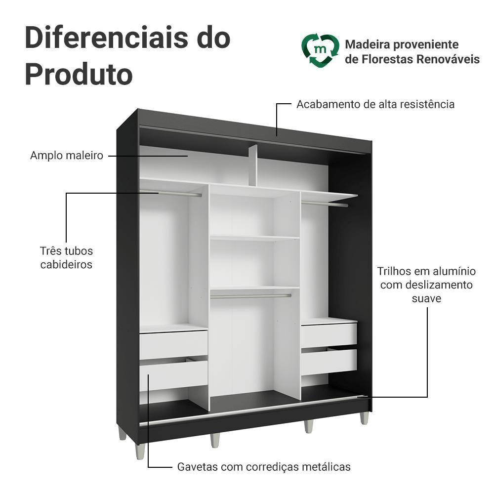 Guarda-roupa Casal Com Pés 3 Portas De Correr Com Espelhos Preto Cinza Reno Madesa - 4
