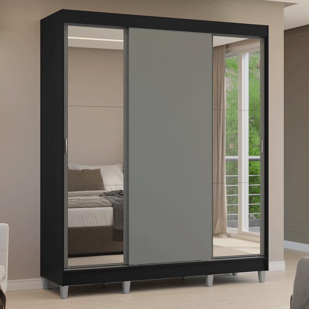 Guarda-roupa Casal Com Pés 3 Portas De Correr Com Espelhos Preto Cinza Reno Madesa - 10