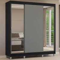 Guarda-roupa Casal Com Pés 3 Portas De Correr Com Espelhos Preto Cinza Reno Madesa - 1