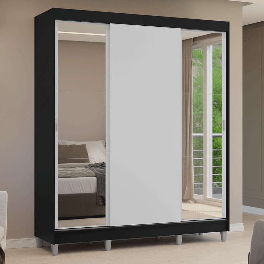 Guarda-roupa Casal Com Pés 3 Portas De Correr Com Espelhos Preto Branco Reno Madesa - 10