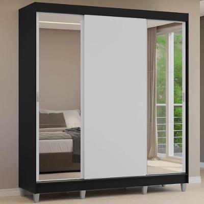 Guarda-roupa Casal Com Pés 3 Portas De Correr Com Espelhos Preto Branco Reno Madesa