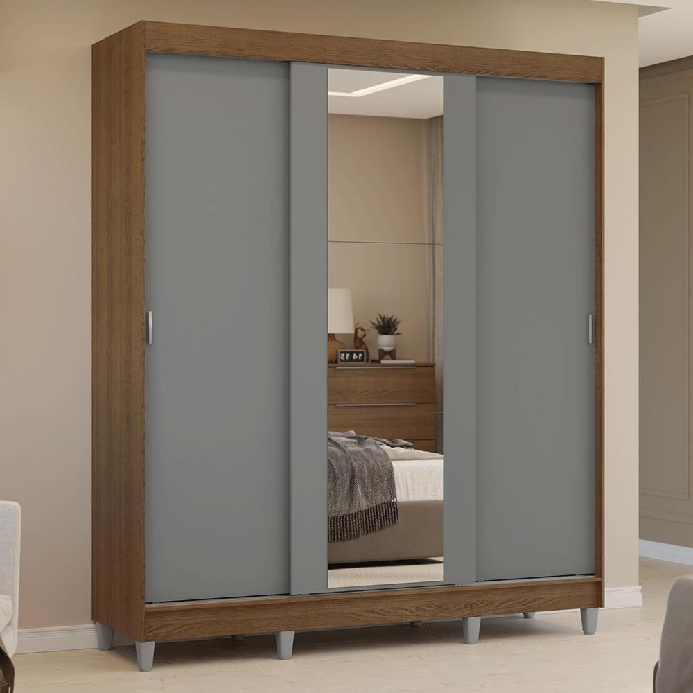 Guarda-roupa Casal Com Pés 3 Portas De Correr Com Espelho Rustic Cinza Reno Madesa - 9