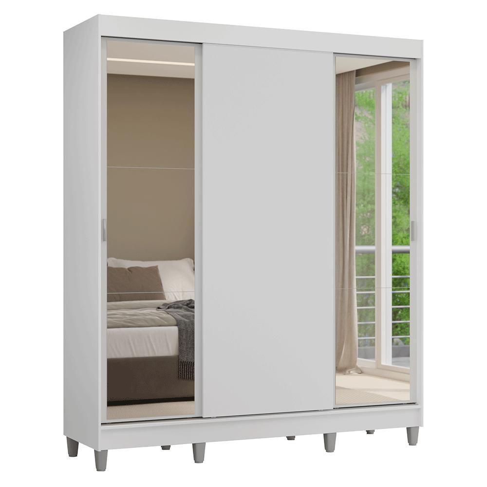 Guarda-roupa Casal Com Pés 3 Portas De Correr Com Espelhos Branco Reno Madesa - 10