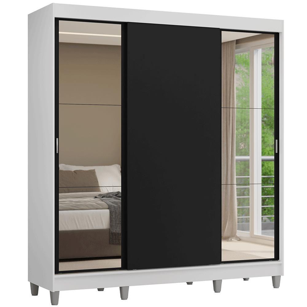 Guarda-roupa Casal Com Pés 3 Portas De Correr Com Espelhos Branco Preto Reno Madesa - 2