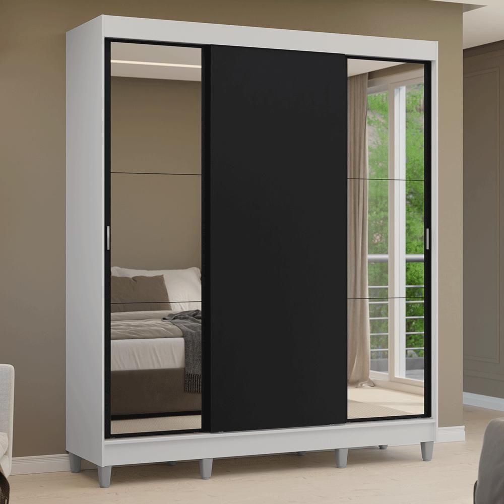 Guarda-roupa Casal Com Pés 3 Portas De Correr Com Espelhos Branco Preto Reno Madesa - 10