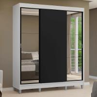 Guarda-roupa Casal Com Pés 3 Portas De Correr Com Espelhos Branco Preto Reno Madesa - 10