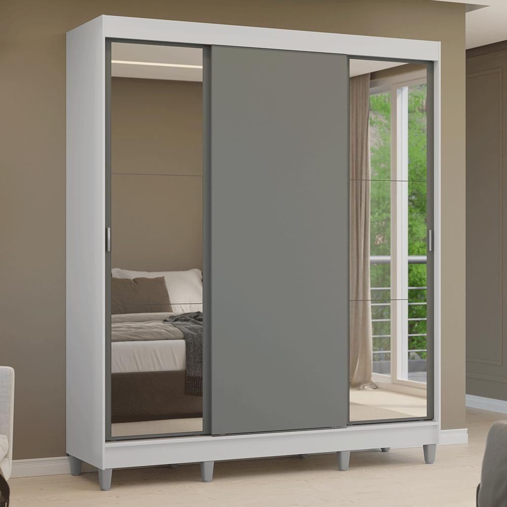Guarda-roupa Casal Com Pés 3 Portas De Correr Com Espelhos Branco Cinza Reno Madesa - 10