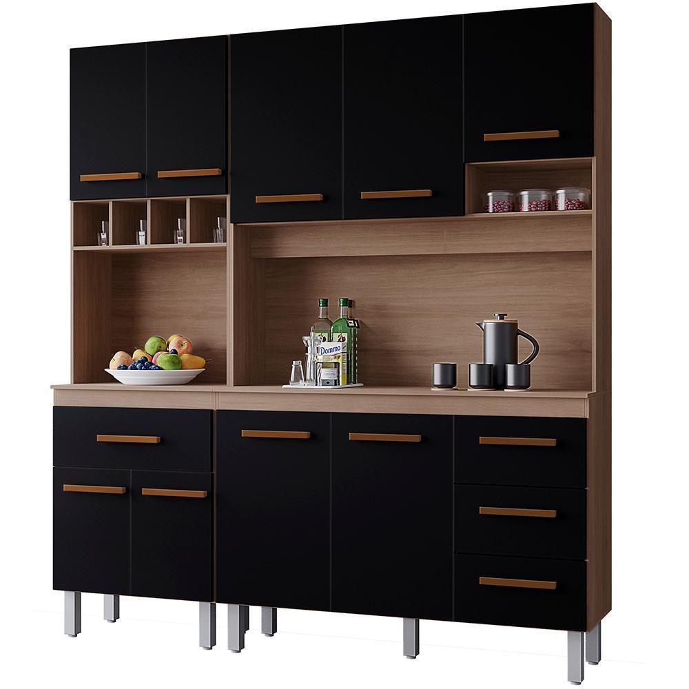 Kit Cozinha 9 Portas 4 Gavetas 180 Cm Vitoria Savana Preto Mobbs - 1