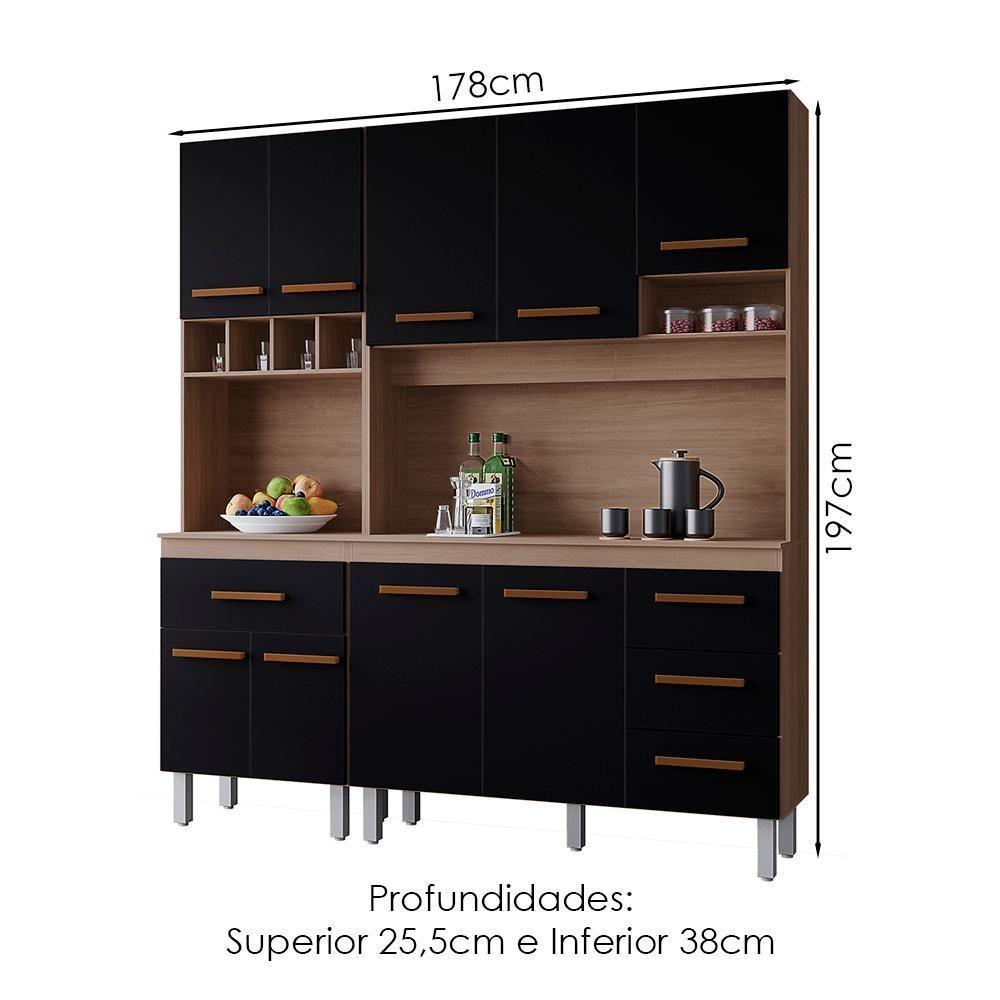 Kit Cozinha 9 Portas 4 Gavetas 180 Cm Vitoria Savana Preto Mobbs - 3