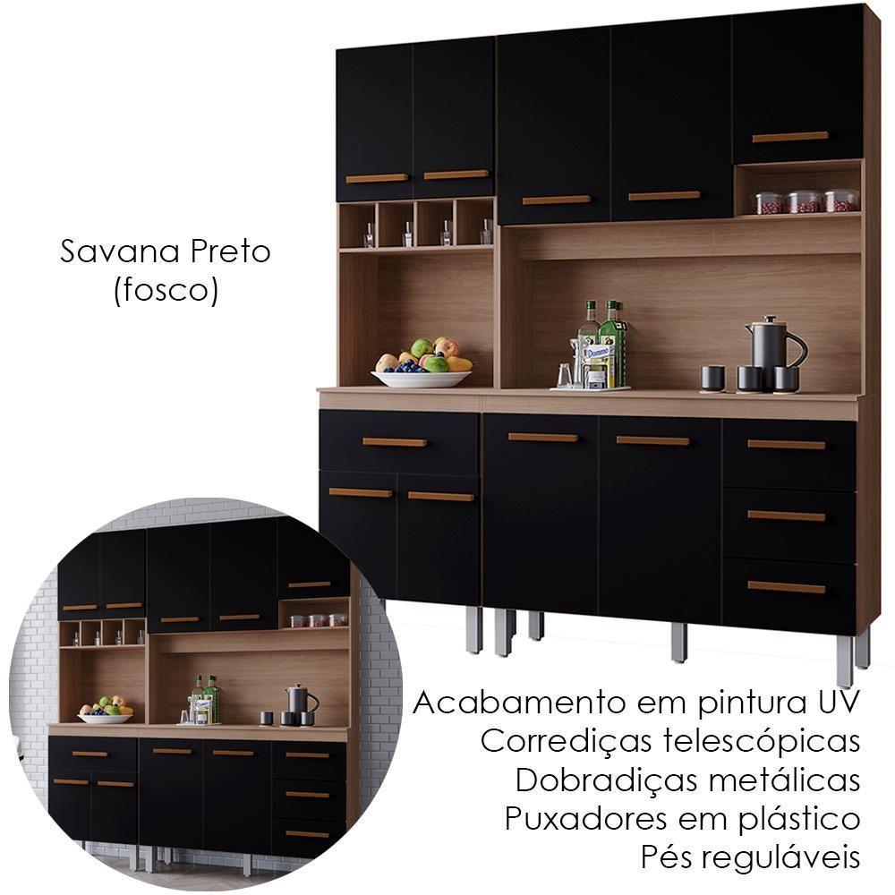 Kit Cozinha 9 Portas 4 Gavetas 180 Cm Vitoria Savana Preto Mobbs - 4