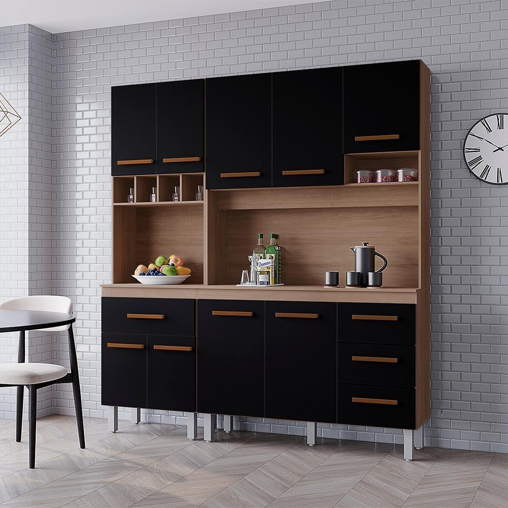 Kit Cozinha 9 Portas 4 Gavetas 180 Cm Vitoria Savana Preto Mobbs - 5