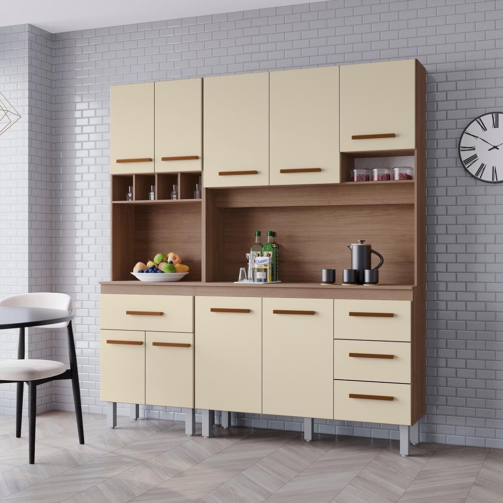 Kit Cozinha 9 Portas 4 Gavetas 180 Cm Vitoria Savana Off White Mobbs - 5