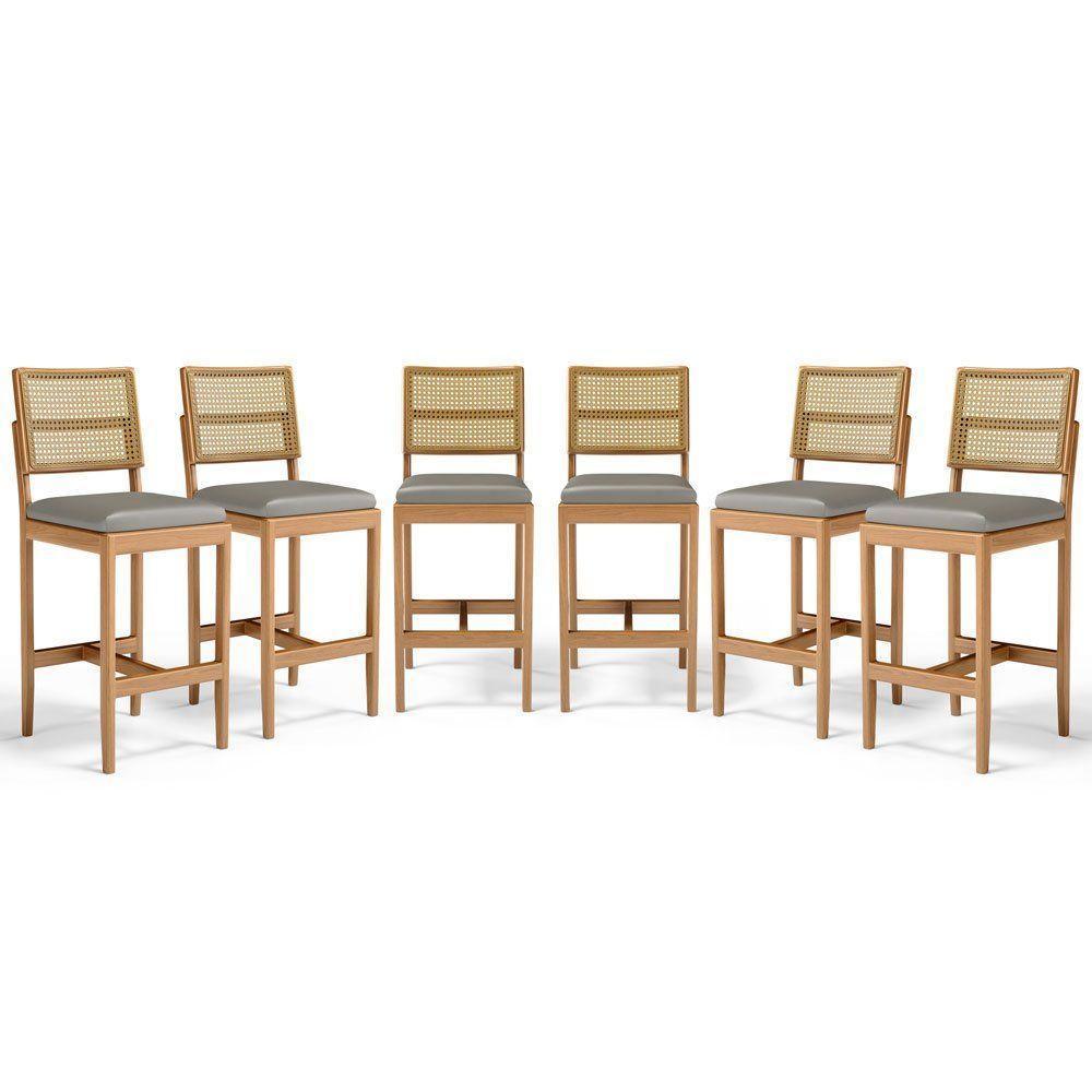 Kit Com 6 Banqueta Milena Madeira Maciça Assento Estofado Encosto De Tela Palha Sextavada Veludo Chumbo 109 - 1