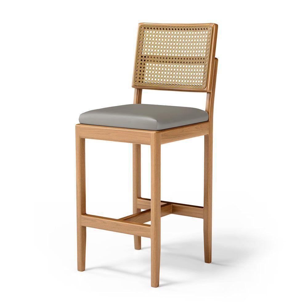 Kit Com 6 Banqueta Milena Madeira Maciça Assento Estofado Encosto De Tela Palha Sextavada Veludo Chumbo 109 - 2