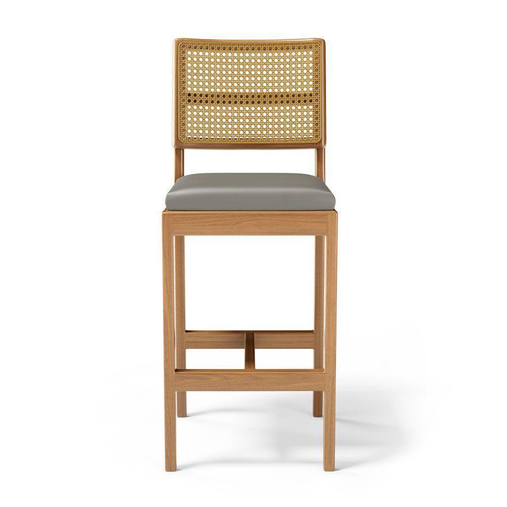 Kit Com 6 Banqueta Milena Madeira Maciça Assento Estofado Encosto De Tela Palha Sextavada Veludo Chumbo 109 - 5