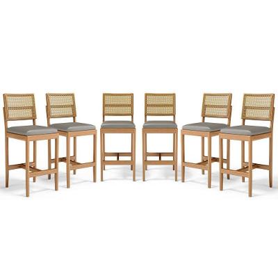 Kit Com 6 Banqueta Milena Madeira Maciça Assento Estofado Encosto De Tela Palha Sextavada Veludo Chumbo 109