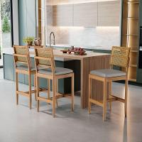 Kit Com 6 Banqueta Milena Madeira Maciça Assento Estofado Encosto De Tela Palha Sextavada Veludo Chumbo 109