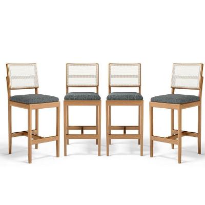 Kit Com 4 Banquetas Milena Madeira Maciça Assento Estofado Encosto De Tela Sintética Linho Chumbo 406