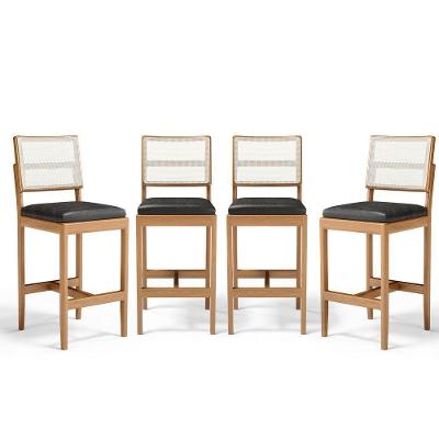 Kit Com 4 Banquetas Milena Madeira Maciça Assento Estofado Encosto De Tela Sintética Courino Preto 503