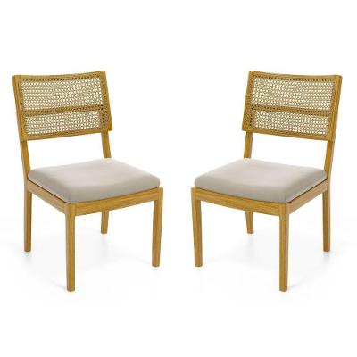 Kit Com 2 Cadeiras Milena Madeira Maciça Assentos Estofados Encostos De Tela Palha Sextavada Veludo Bege 102