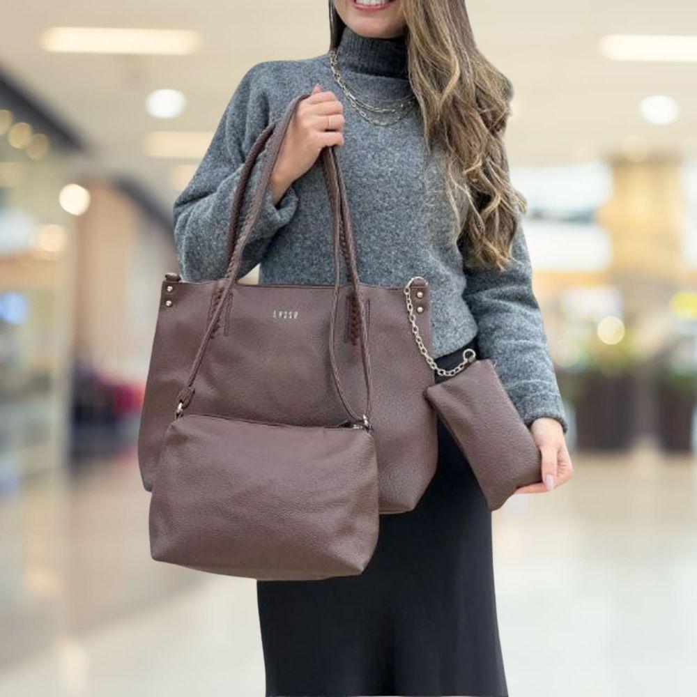 Kit 3 Peças Bolsa Feminina Estilo Tote Lyssa Marrom - 2