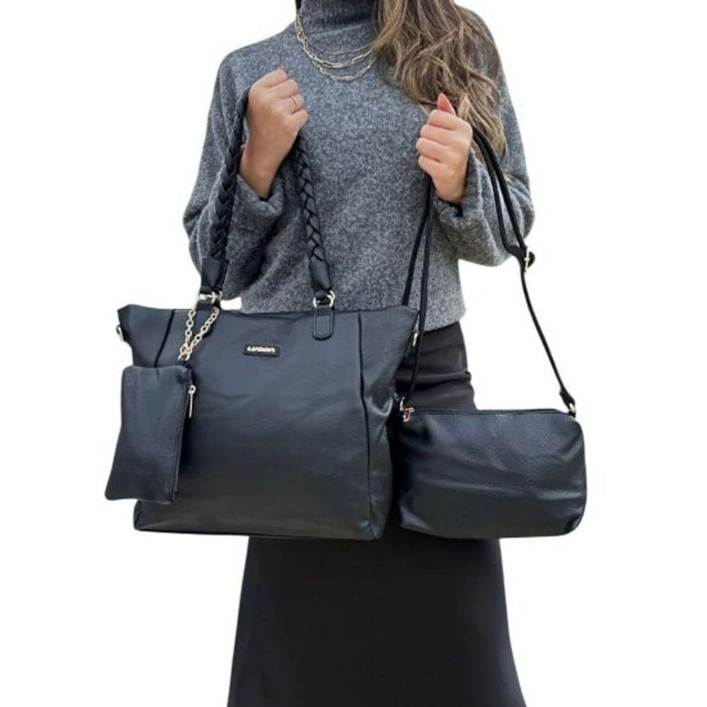Kit 3 Peças Bolsa Feminina Com Alça Trançada Lyssa Preta - 1