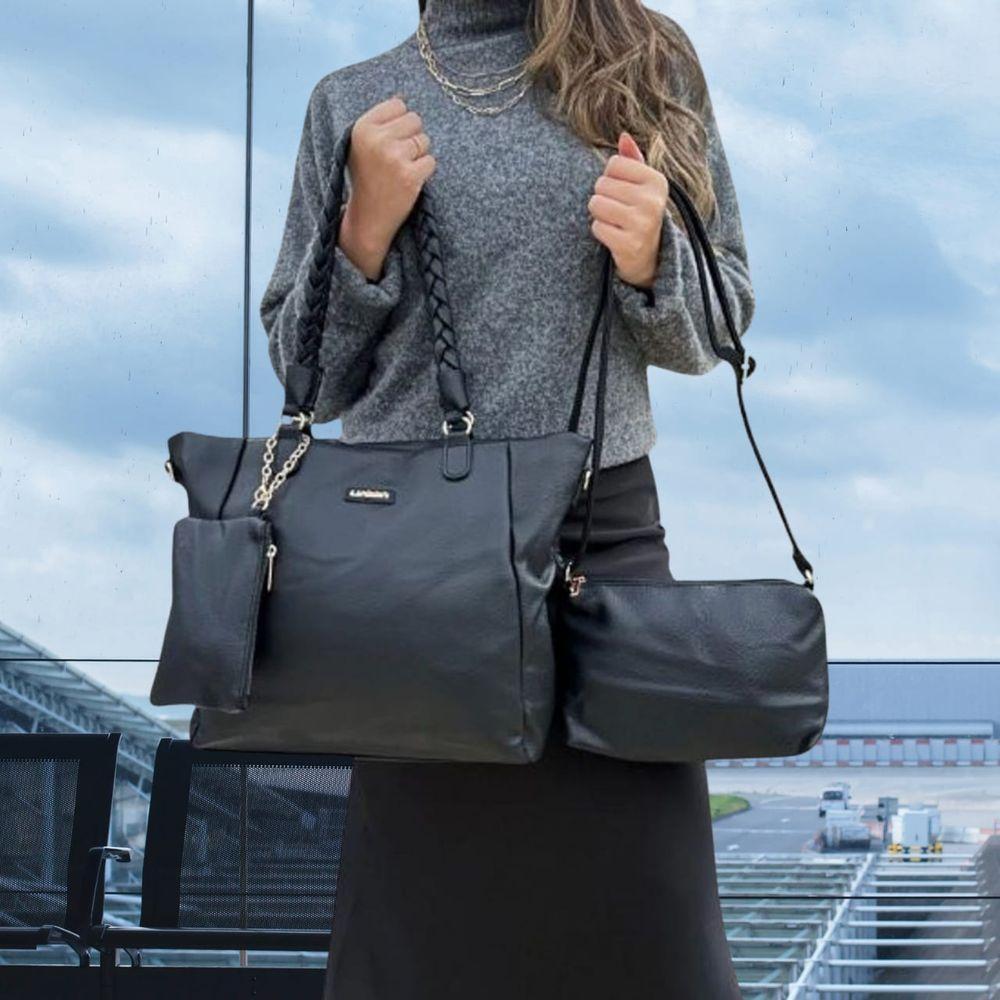 Kit 3 Peças Bolsa Feminina Com Alça Trançada Lyssa Preta - 3