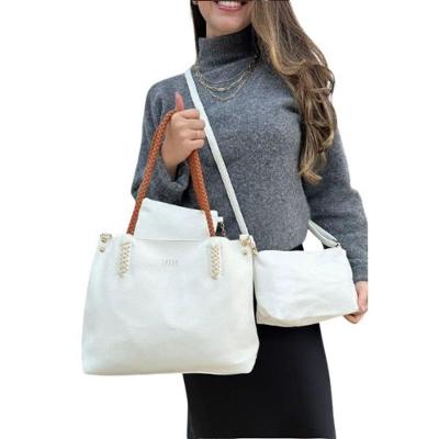 Kit 3 Peças Bolsa Feminina Estilo Tote Lyssa Branca Com Alça Caramelo