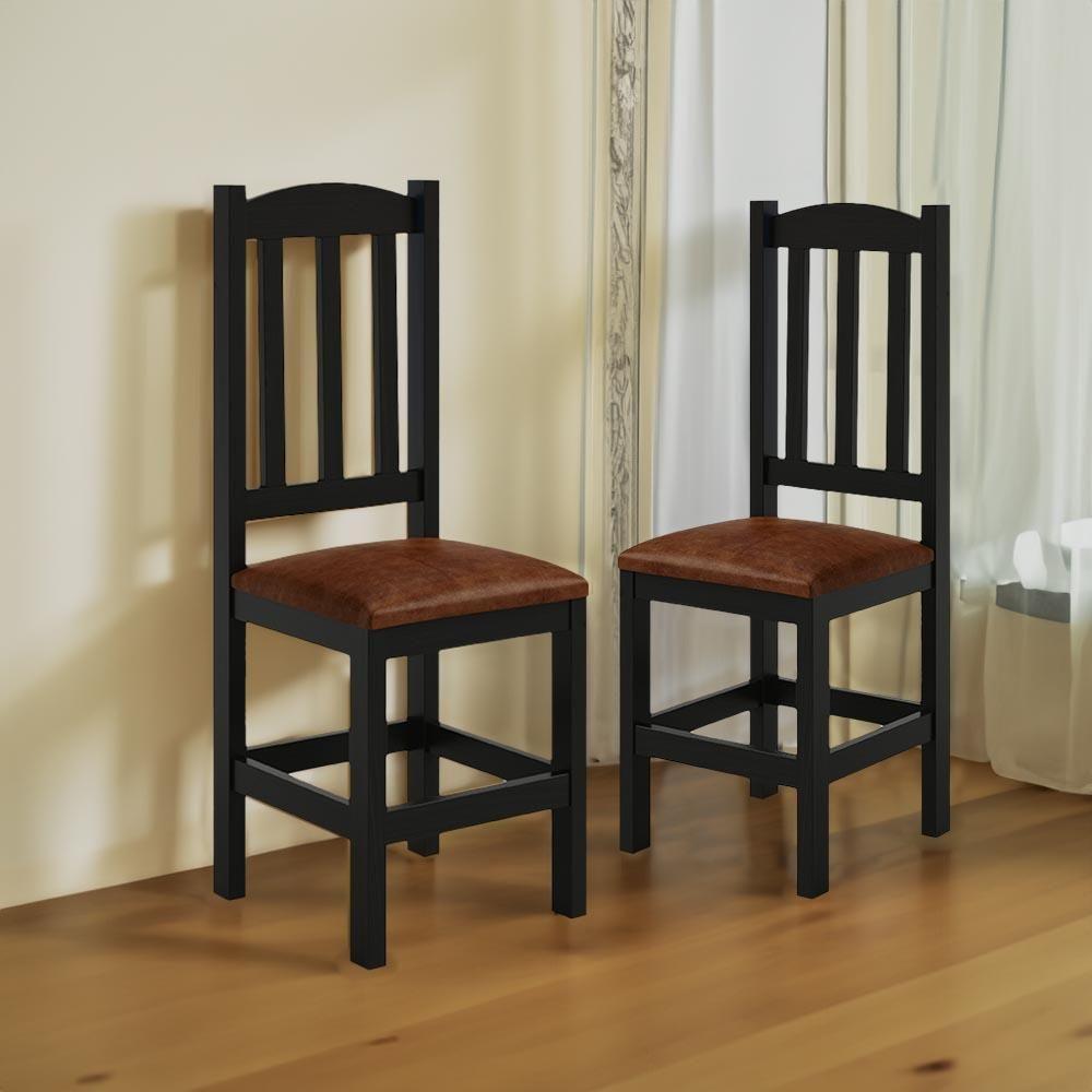 Kit 2 Cadeiras Em Madeira Maciça Diamante Preto Com Estofado Marrom Preto - 1