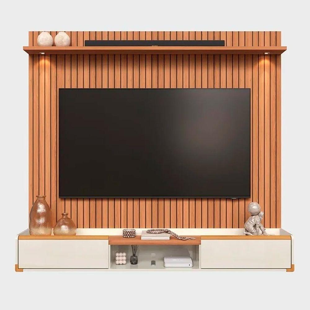 Rack Bancada Com Painel Para Tv De Até 75 Com Led Ariel Jequitibá Ripado 3d-off White - 1