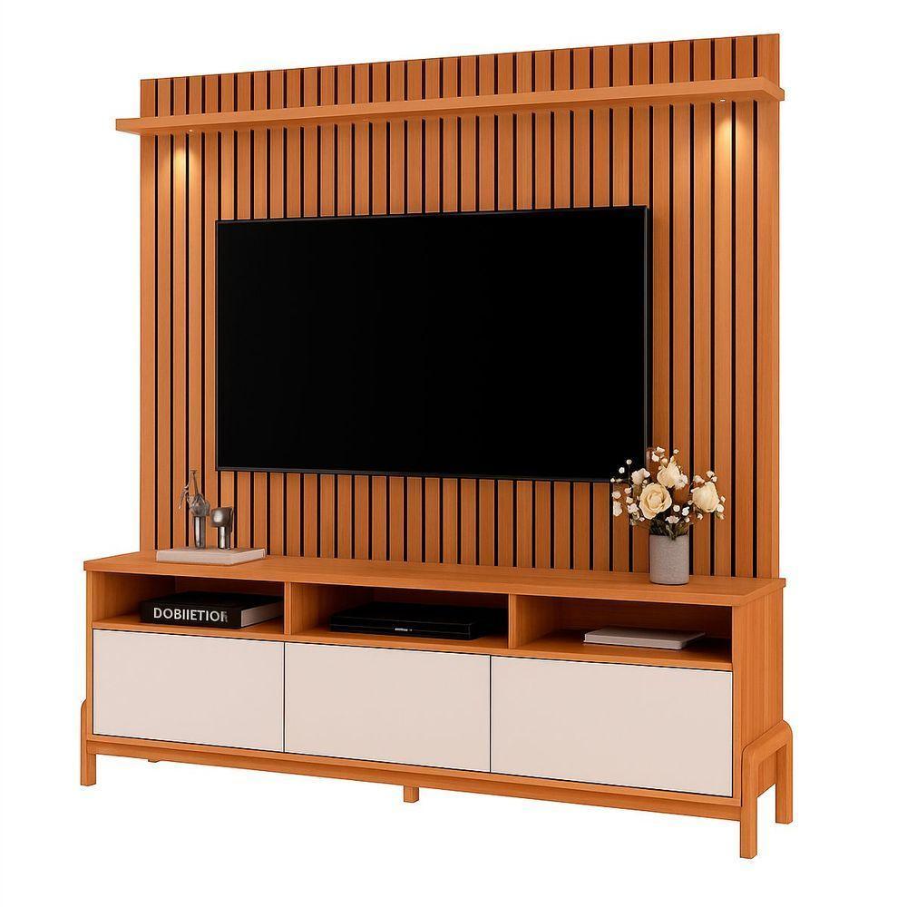 Rack Bancada Com Painel 1 Porta 2 Gavetas Para Tv De Até 75 Viron Jequitibá Ripado 3d-off White - 1