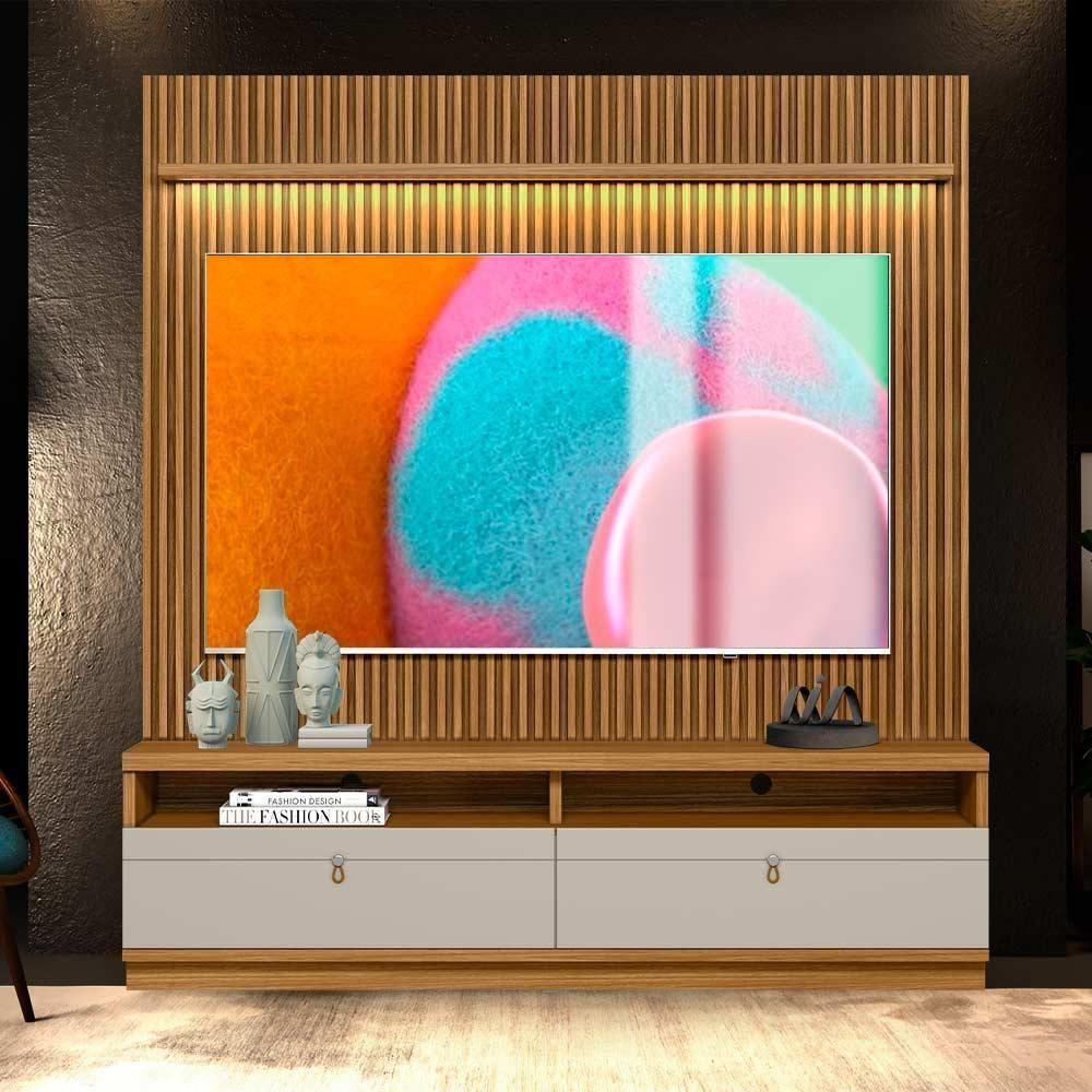 Painel Com Rack Para Tv Até 75 Polegadas Ripado Nature Off White - 4