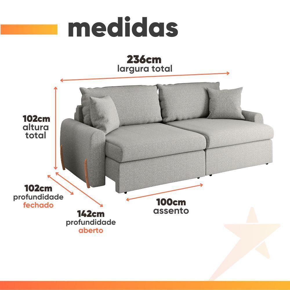 Sofá Cama Retrátil 4 Lugares 2,36m Com Almofadas Linho Baltik Cinza - 3