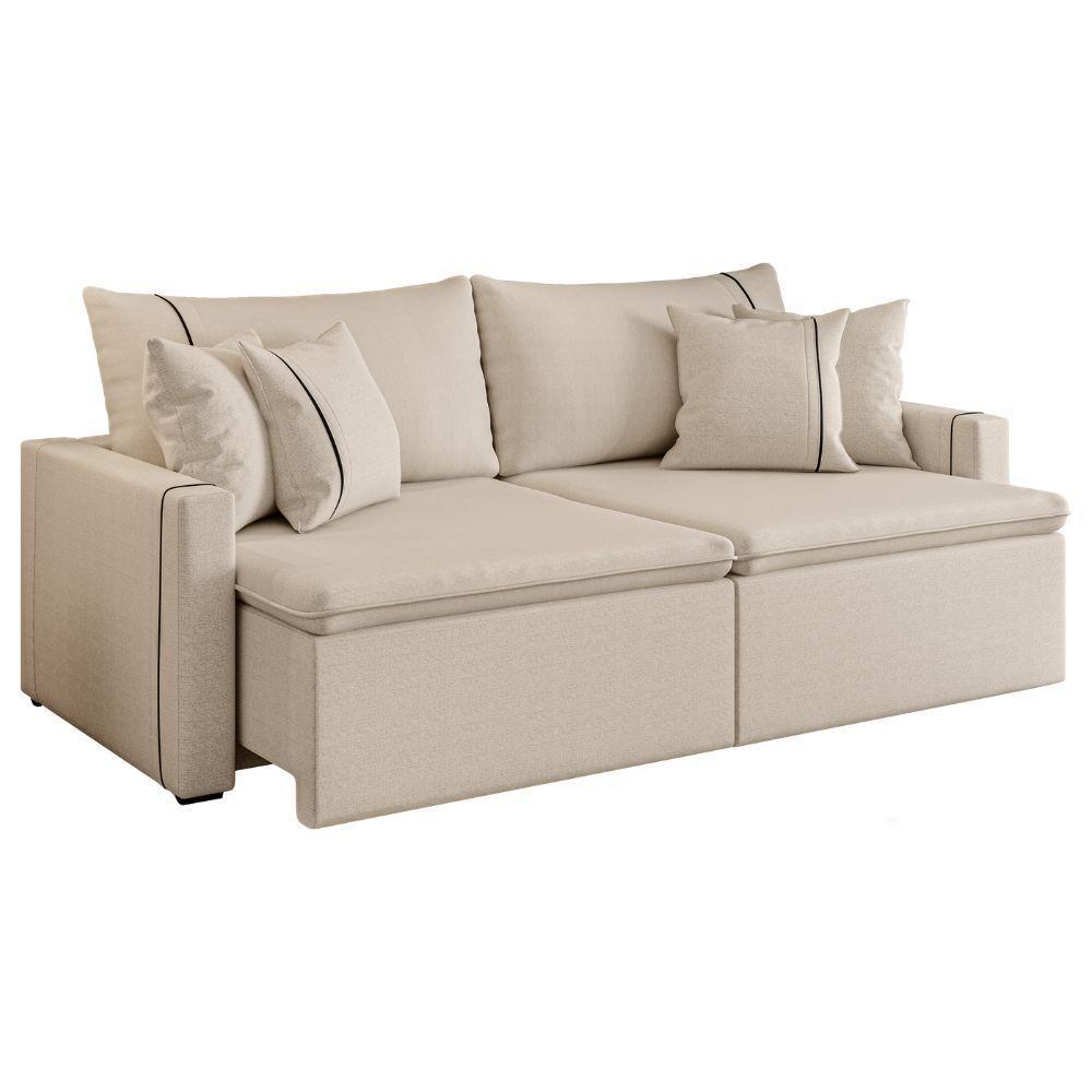 Sofá Cama Retrátil 3 Lugares 2,10m Com Almofadas Linho Focus Areia - 1