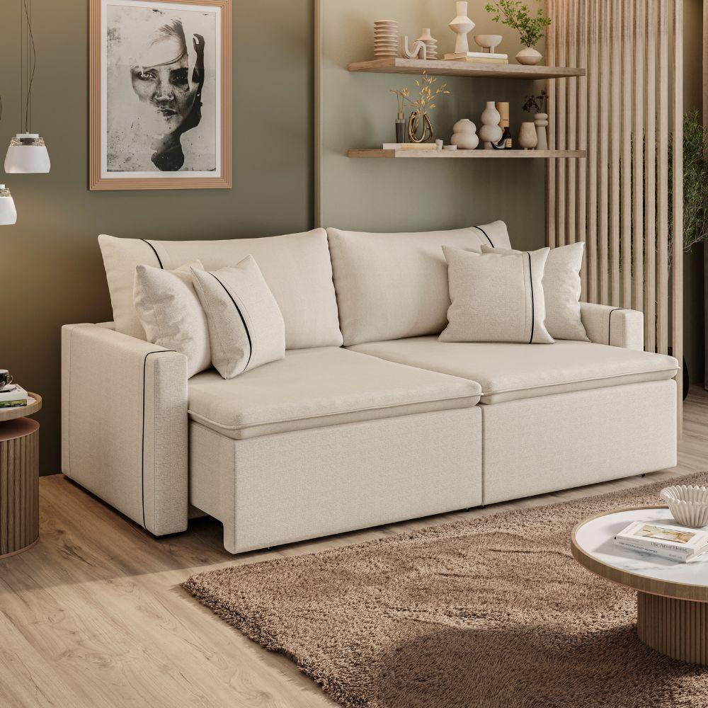 Sofá Cama Retrátil 3 Lugares 2,10m Com Almofadas Linho Focus Areia - 2