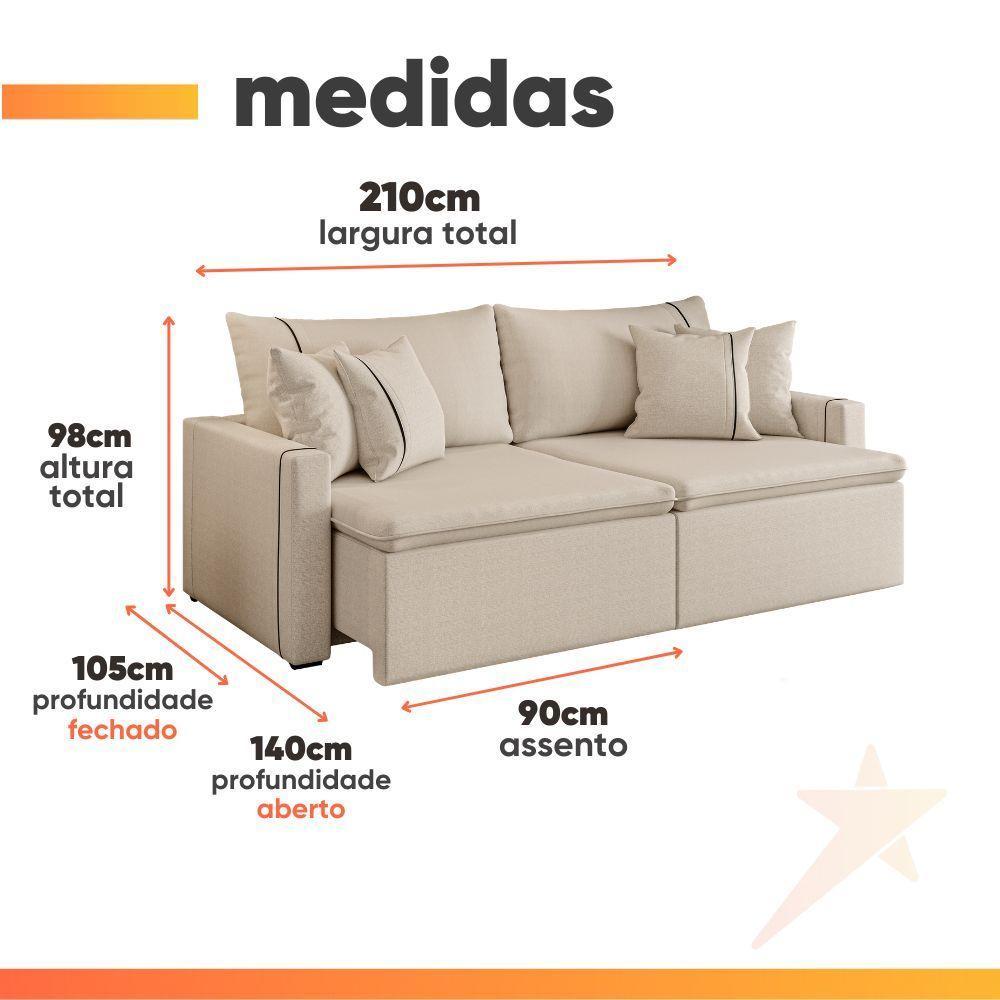 Sofá Cama Retrátil 3 Lugares 2,10m Com Almofadas Linho Focus Areia - 3