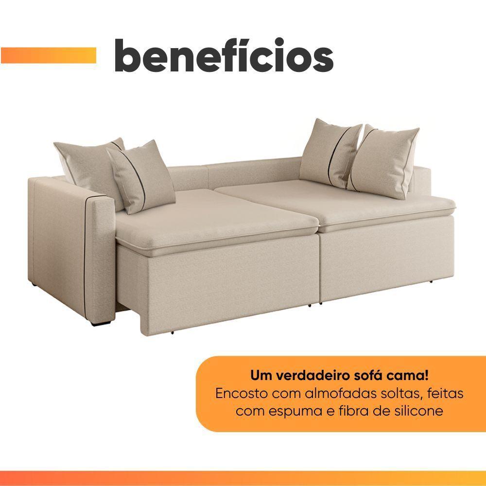 Sofá Cama Retrátil 3 Lugares 2,10m Com Almofadas Linho Focus Areia - 4