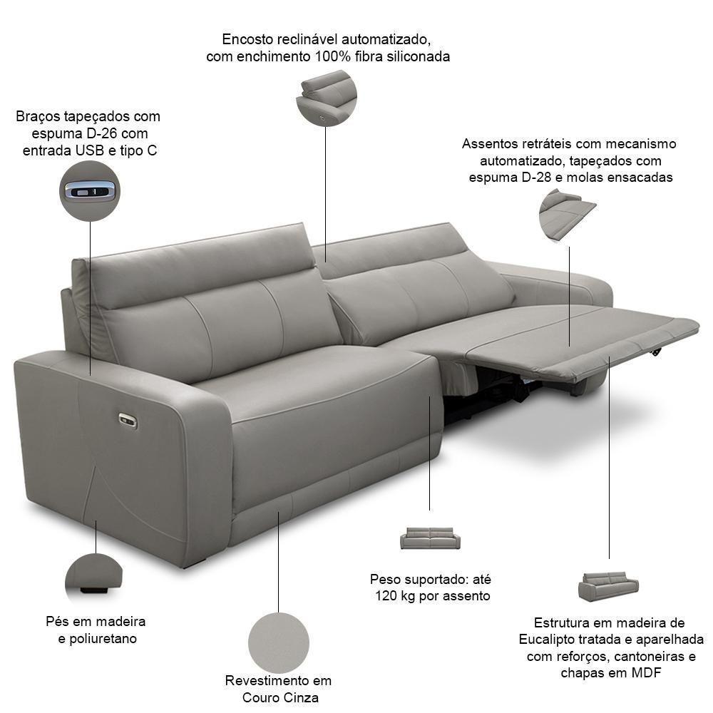 Sofá 4 Lugares Rettrátil Reclinável Elétrico 284cm Mazi L06 Couro Cinza - Lyam Decor - 9