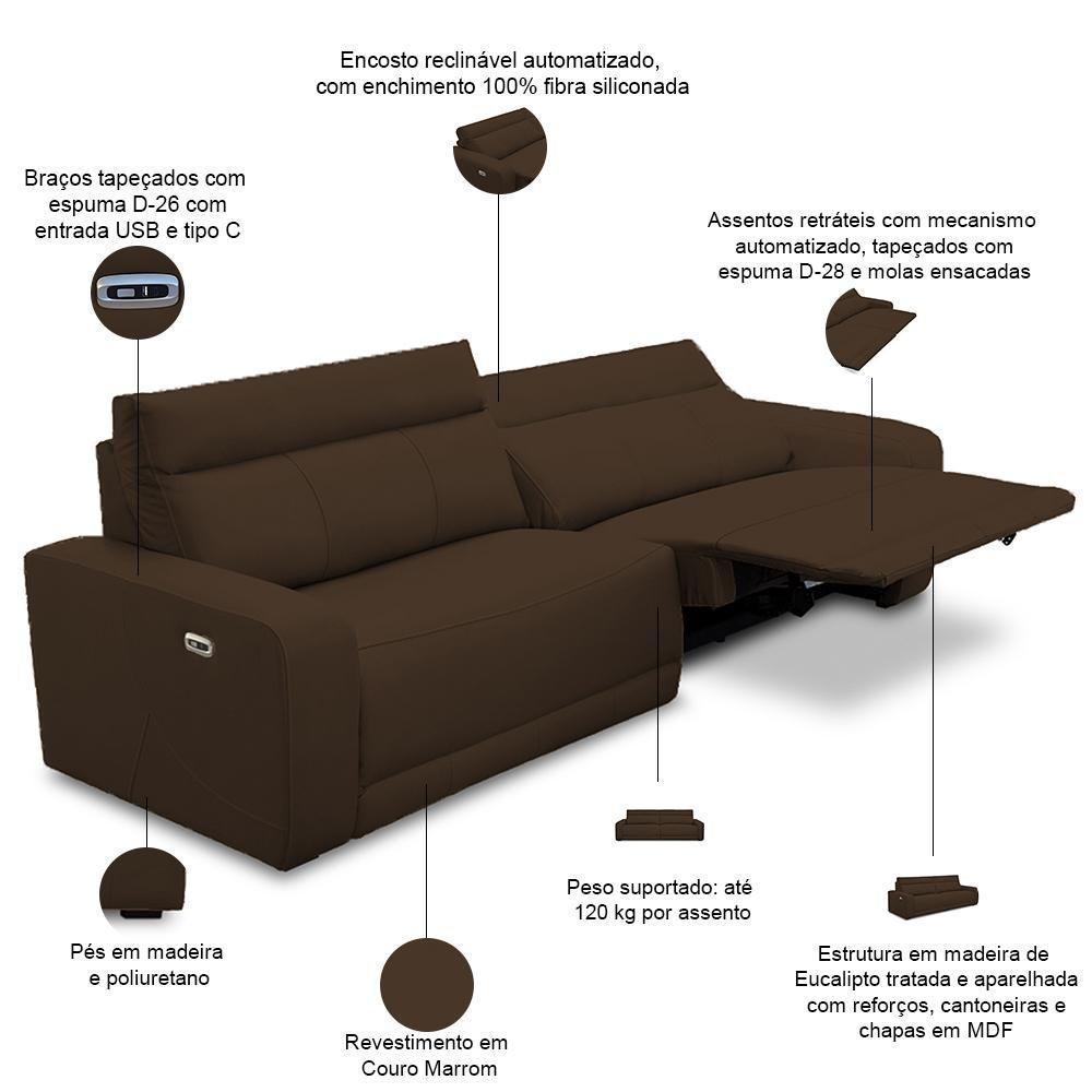 Sofá 4 Lugares Rettrátil Reclinável Elétrico 284cm Mazi L06 Couro Marrom - Lyam Decor - 6