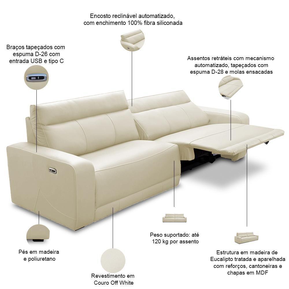 Sofá 3 Lugares Rettrátil Reclinável Elétrico 254cm Mazi L06 Couro Off White - Lyam Decor - 6