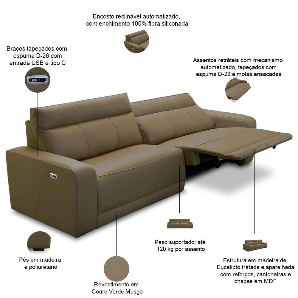 Sofá 3 Lugares Rettrátil Reclinável Elétrico 254cm Mazi L06 Couro Verde Musgo - Lyam Decor - 6