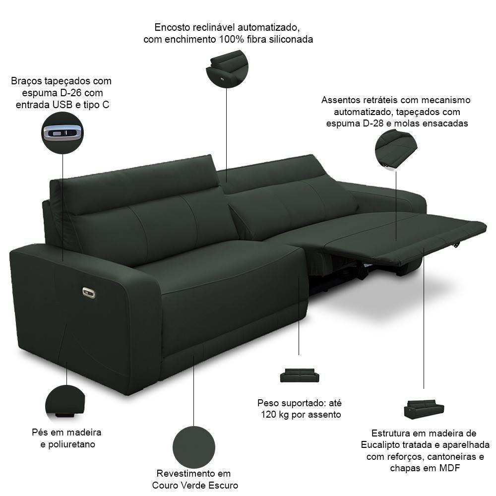 Sofá 3 Lugares Rettrátil Reclinável Elétrico 224cm Mazi L06 Couro Verde Escuro - Lyam Decor - 6