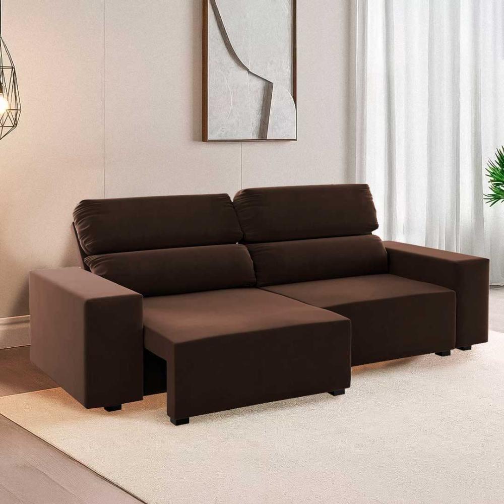 Sofá 3 Lugares Retrátil Encosto Reclinável Veludo 5 Posições Marrom Bombom - 2