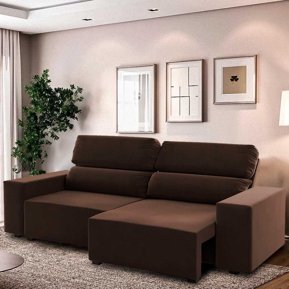 Sofá 3 Lugares Retrátil Reclinável Marrom 5 Posições Veludo - Marrom Bombom - 1