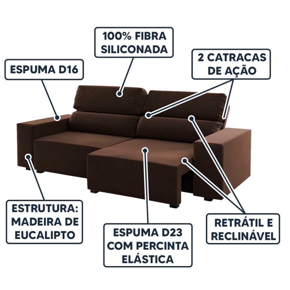 Sofá 3 Lugares Retrátil Reclinável Marrom 5 Posições Veludo - Marrom Bombom - 3