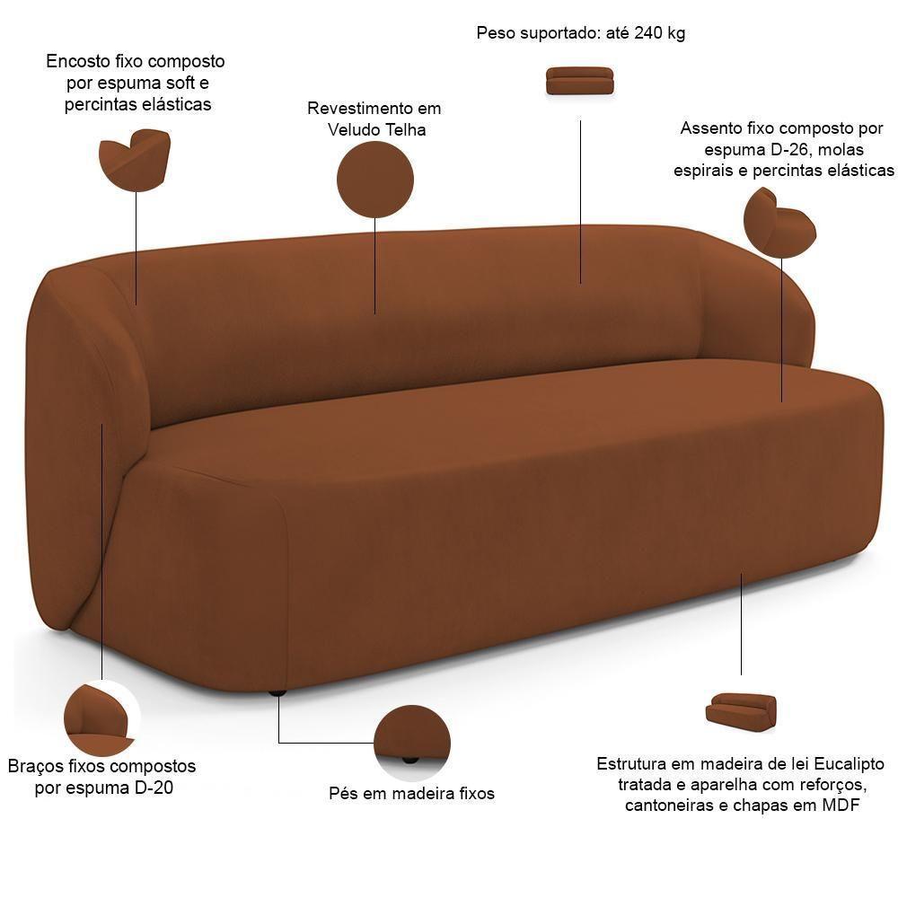 Sofá 3 Lugares Orgânico Para Sala De Estar Living 205cm Heidy F04 Veludo Telha - Lyam Decor - 4